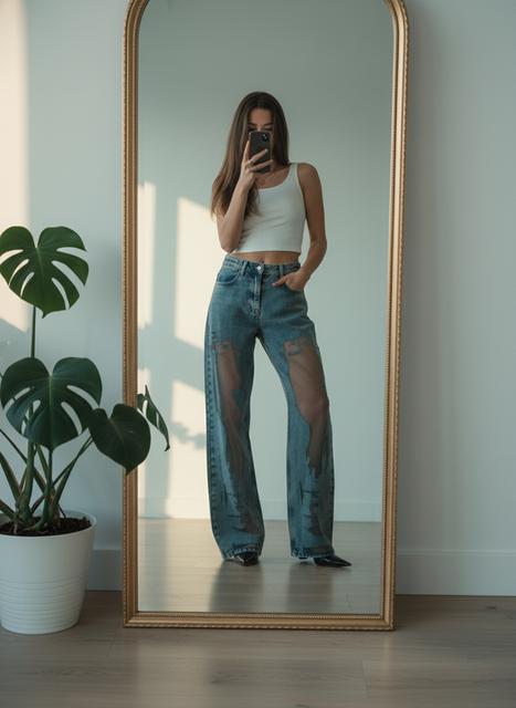 Straight-Leg Vintage Jeans: Hollow Pattern Denim (Women’s Sizes)