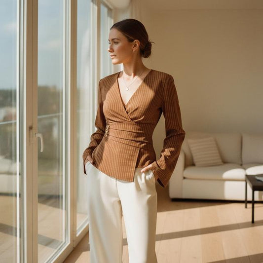 Brown Striped Blazer Shirt - Metallic Accent, Pleated Waist