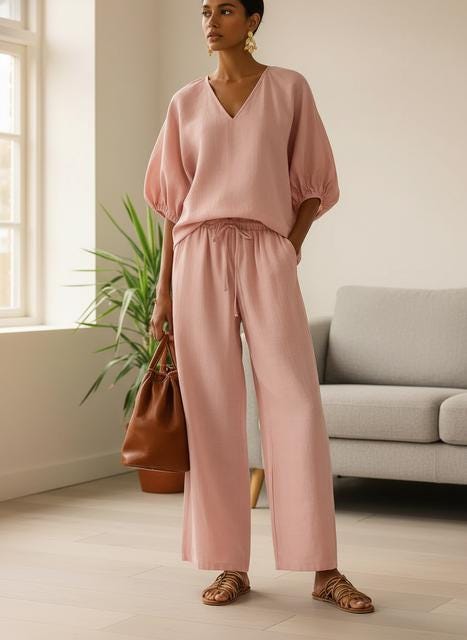 Two-Piece Summer Outfit: V-Neck Top & Wide Leg Pants (S to 3XL)