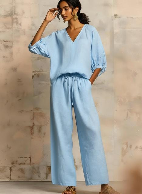 Two-Piece Summer Outfit: V-Neck Top & Wide Leg Pants (S to 3XL)