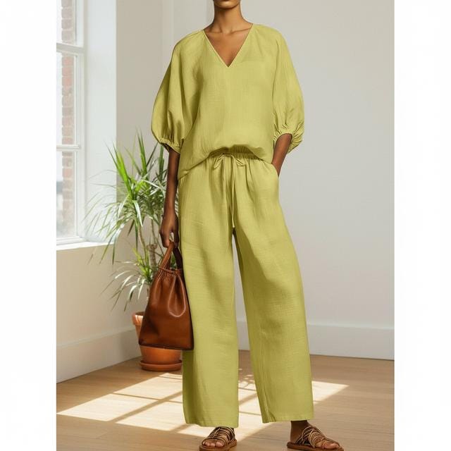 Two-Piece Summer Outfit: V-Neck Top & Wide Leg Pants (S to 3XL)