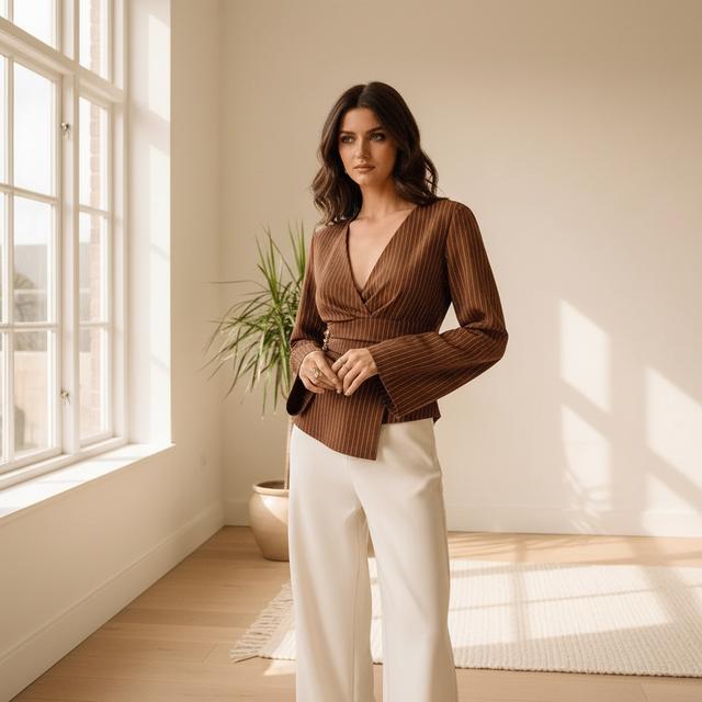 Brown Striped Blazer Shirt - Metallic Accent, Pleated Waist