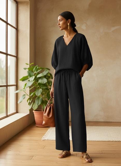Two-Piece Summer Outfit: V-Neck Top & Wide Leg Pants (S to 3XL)