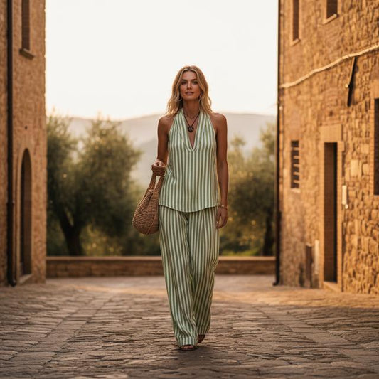 Striped Wide-Leg Pants & Top Set - Lightweight Summer Style