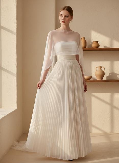 Evening Gown: White Pleated Maxi Dress - Sheer Cape Overlay