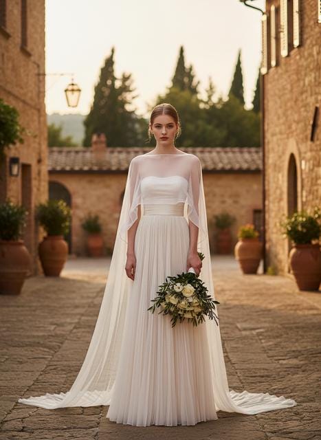 Evening Gown: White Pleated Maxi Dress - Sheer Cape Overlay