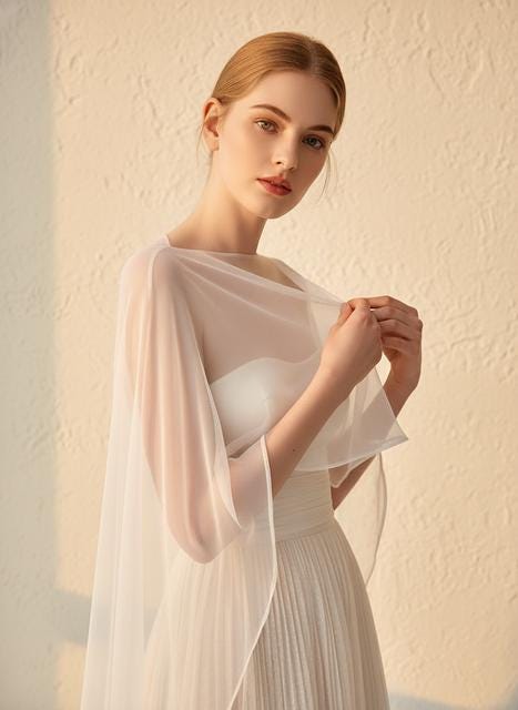 Evening Gown: White Pleated Maxi Dress - Sheer Cape Overlay