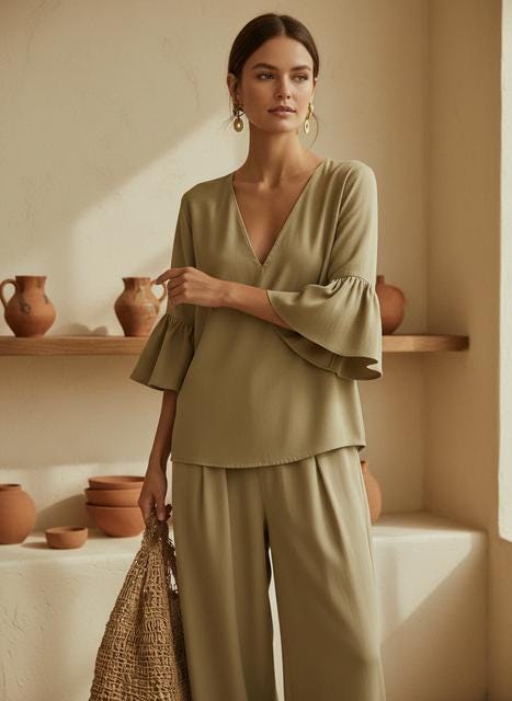 Summer Two-Piece Outfit: Casual Cotton Linen (Ruffle Sleeve, Wide Pants)