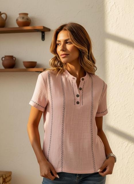 Korean Casual Blouse, Patchwork Stand Collar (Short Sleeve S-3XL)
