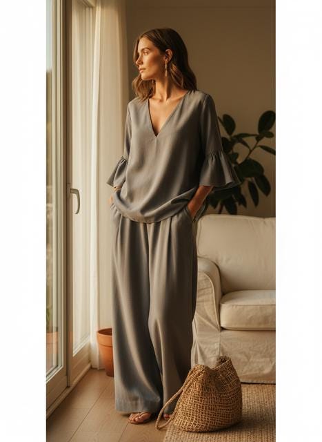 Summer Two-Piece Outfit: Casual Cotton Linen (Ruffle Sleeve, Wide Pants)