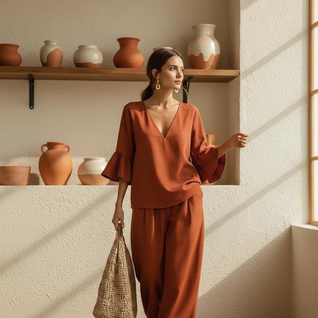 Summer Two-Piece Outfit: Casual Cotton Linen (Ruffle Sleeve, Wide Pants)