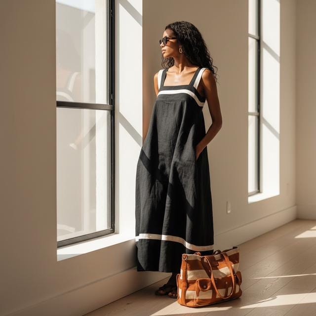 Boho Linen Blend Midi Dress, Contrast Straps (Loose Fit, S-3XL)