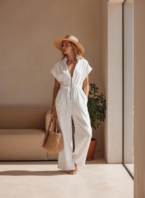 Women's Jumpsuit: Retro Resort V-Neck - Wide Leg, Relaxed Fit