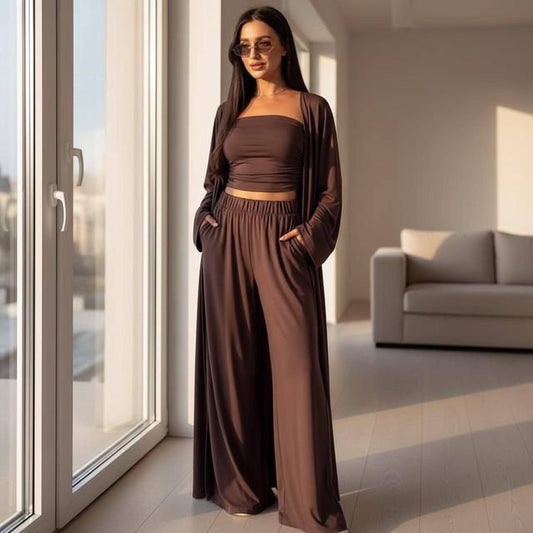 Casual Three-Piece Set: Mid-Calf Cardigan, Vest Top & Wide Leg Pants