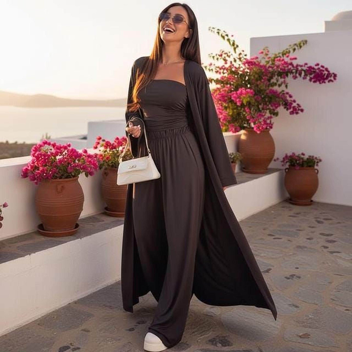Casual Three-Piece Set: Mid-Calf Cardigan, Vest Top & Wide Leg Pants