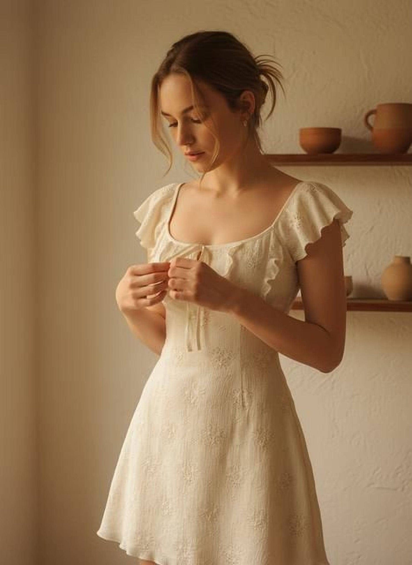 Romantic French Mini Dress: Ruffled Tie Waist, Cream White