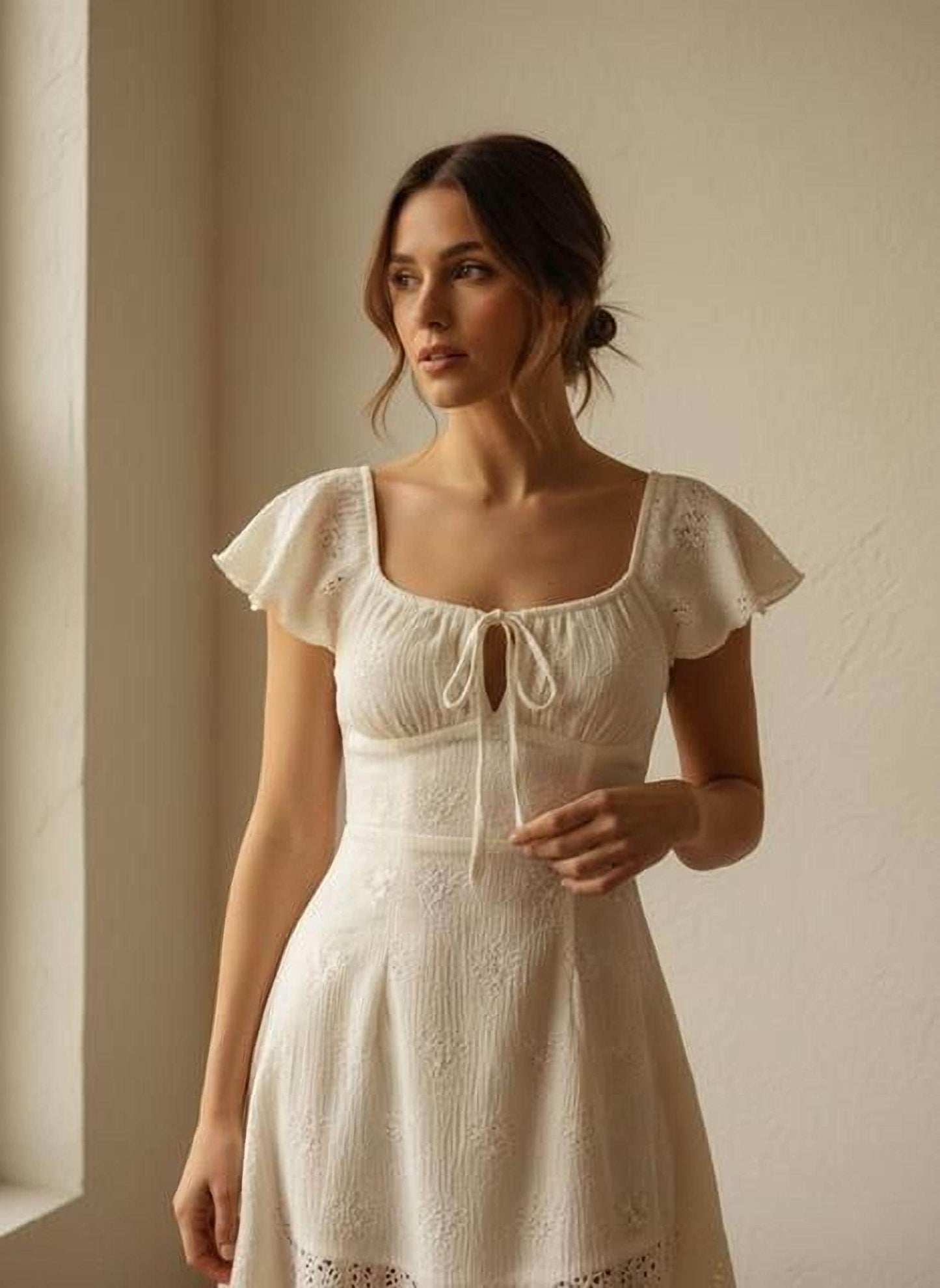 Romantic French Mini Dress: Ruffled Tie Waist, Cream White