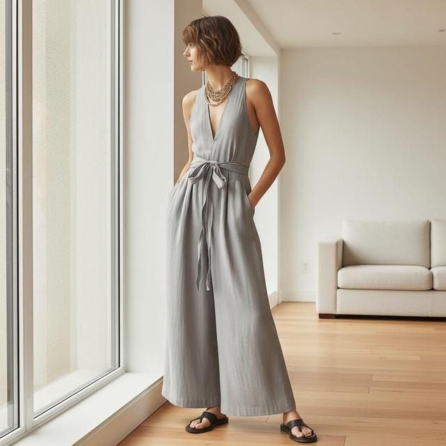 Women's Elegant Jumpsuit - Sleeveless V-Neck, Wide Leg Pants