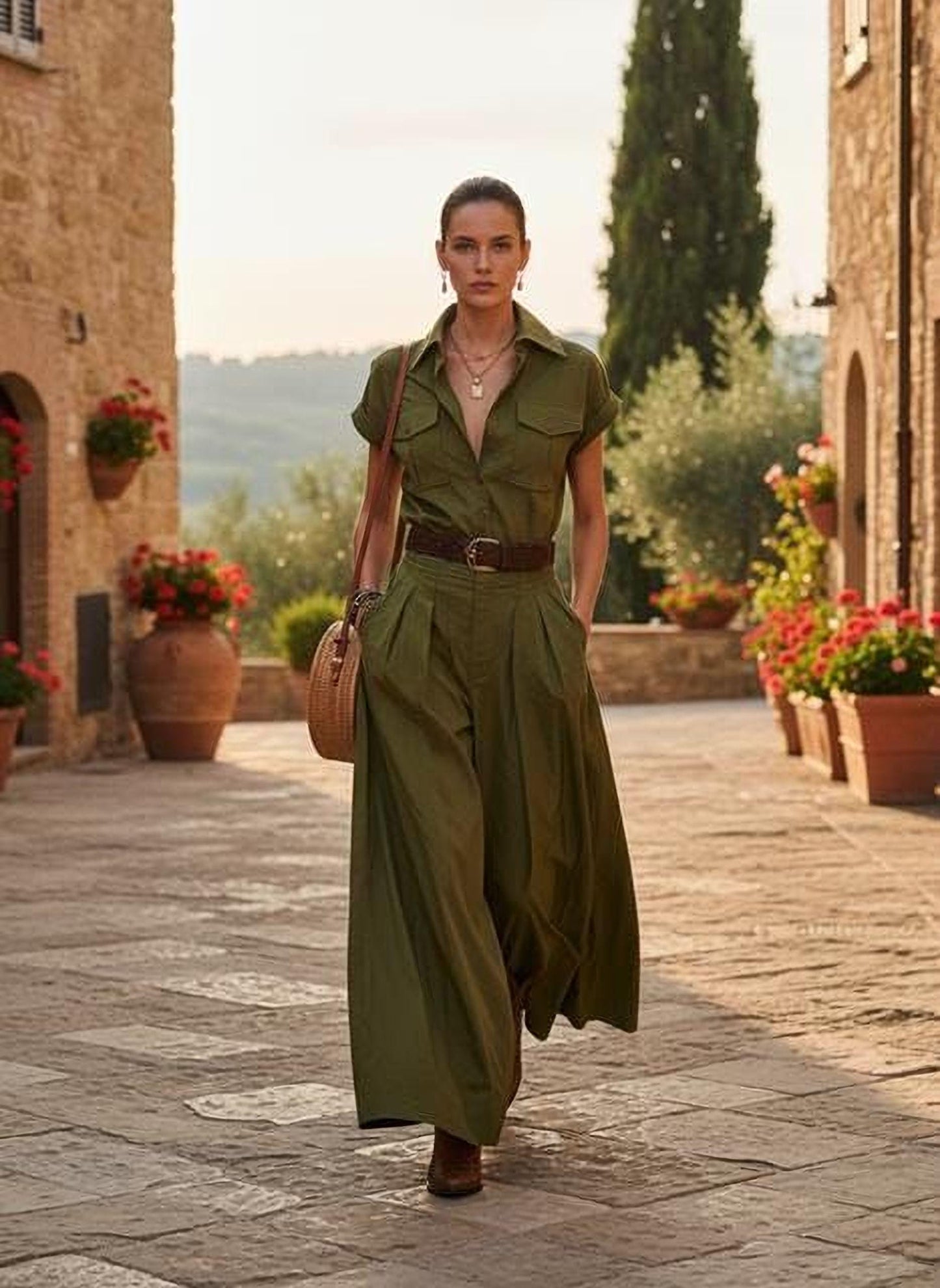 Olive Green Shirt Dress, Pockets, A-Line Maxi (Women’s S-XXL)