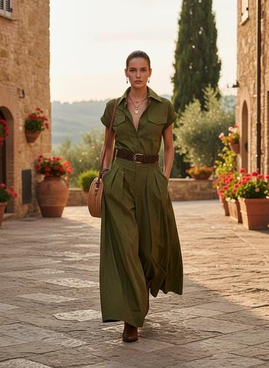 Olive Green Shirt Dress, Pockets, A-Line Maxi (Women’s S-XXL)