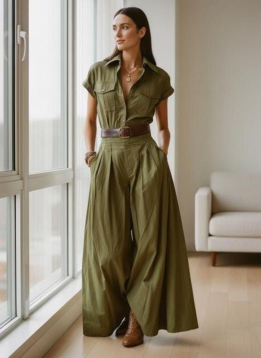 Olive Green Shirt Dress, Pockets, A-Line Maxi (Women’s S-XXL)