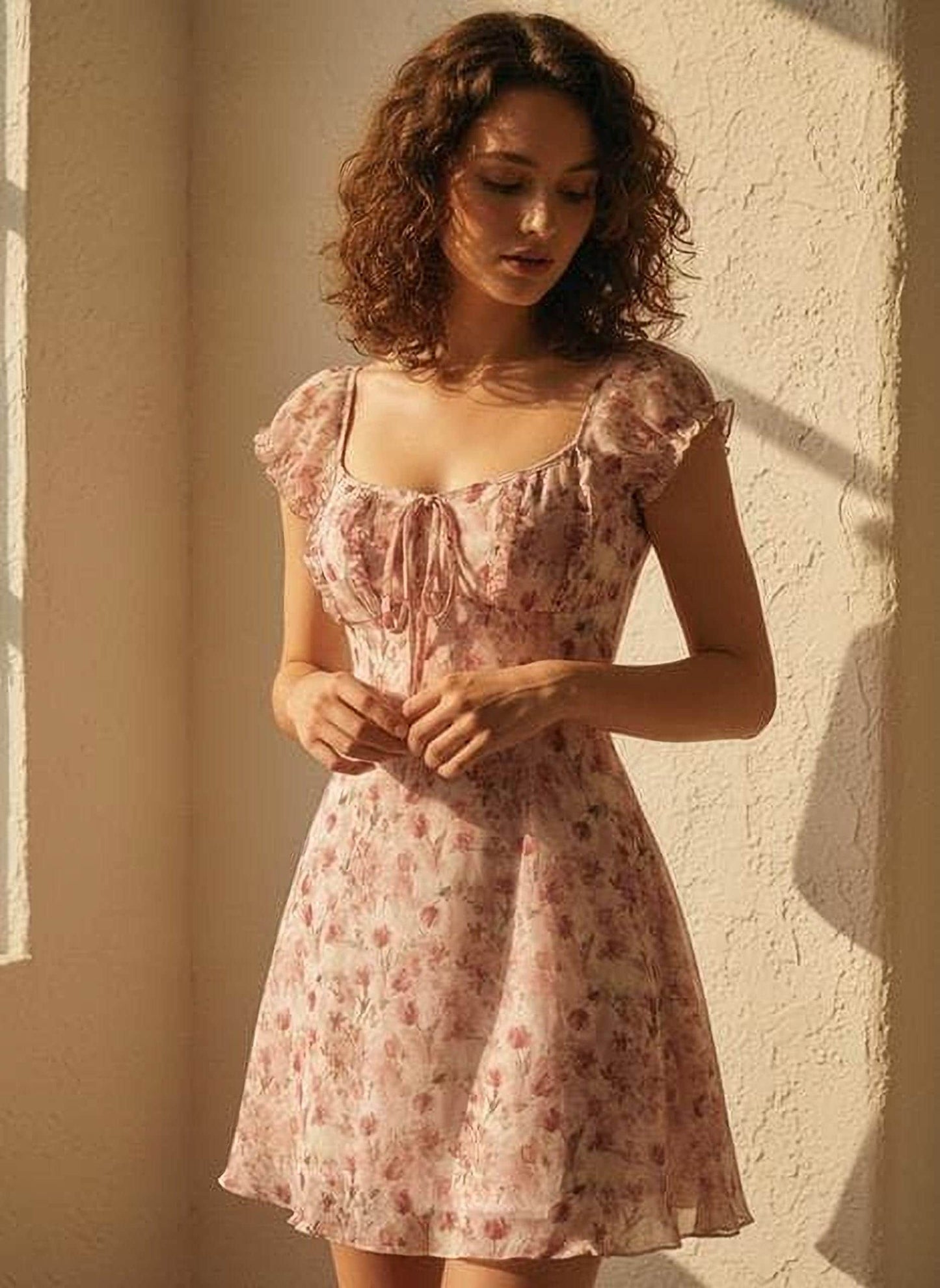 Romantic French Floral Mini Dress: Summer A-Line, Waist-Cinched