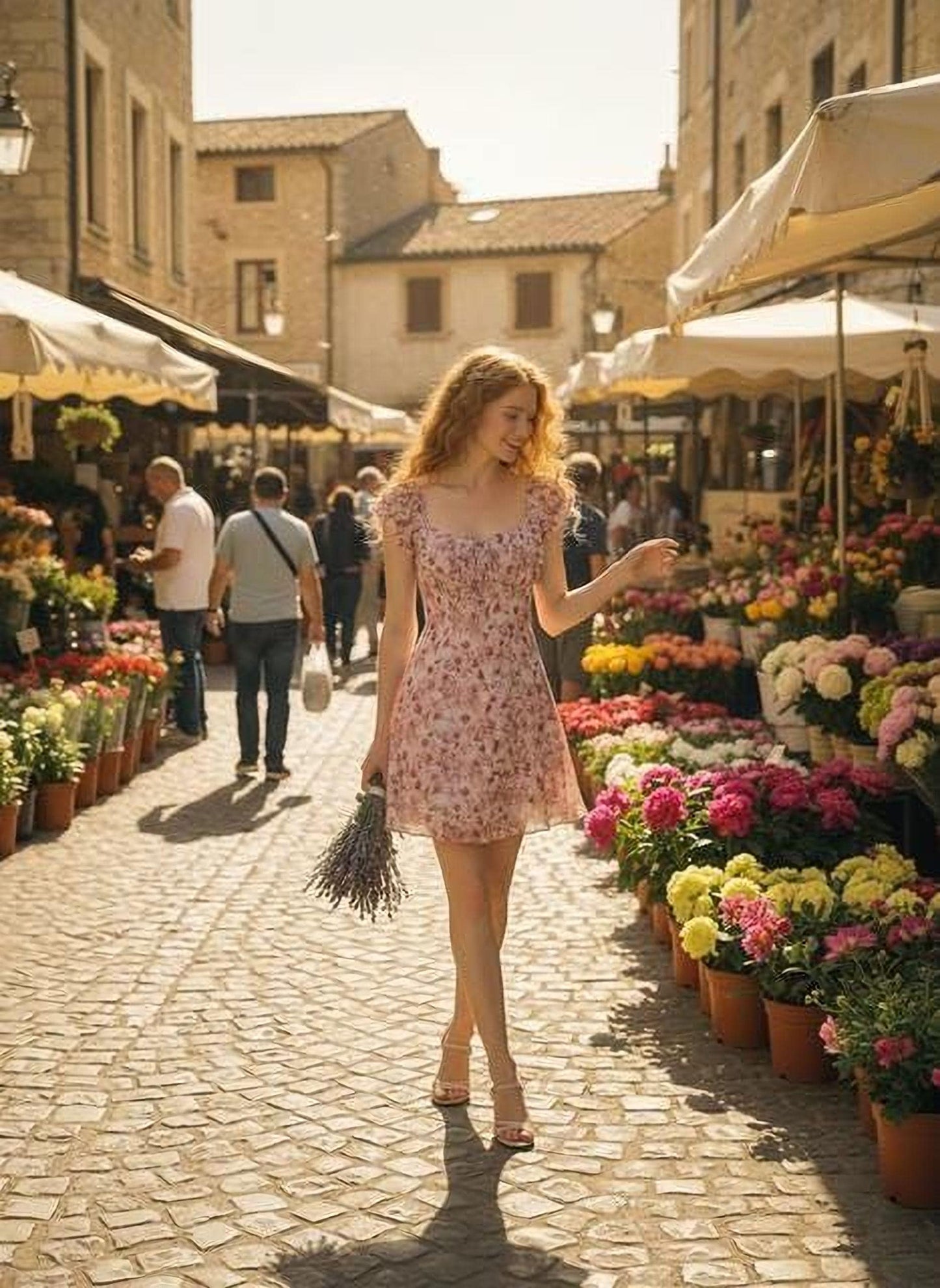 Romantic French Floral Mini Dress: Summer A-Line, Waist-Cinched