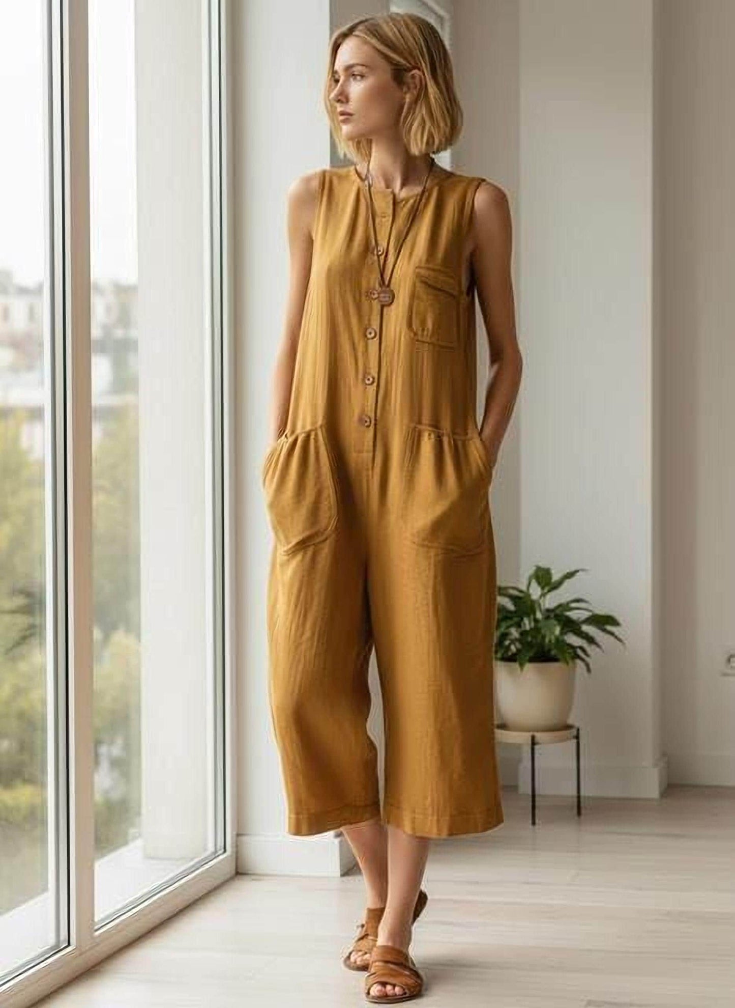 Wide-Leg Cropped Jumpsuit: Retro Boho Style (Sleeveless S-3XL)