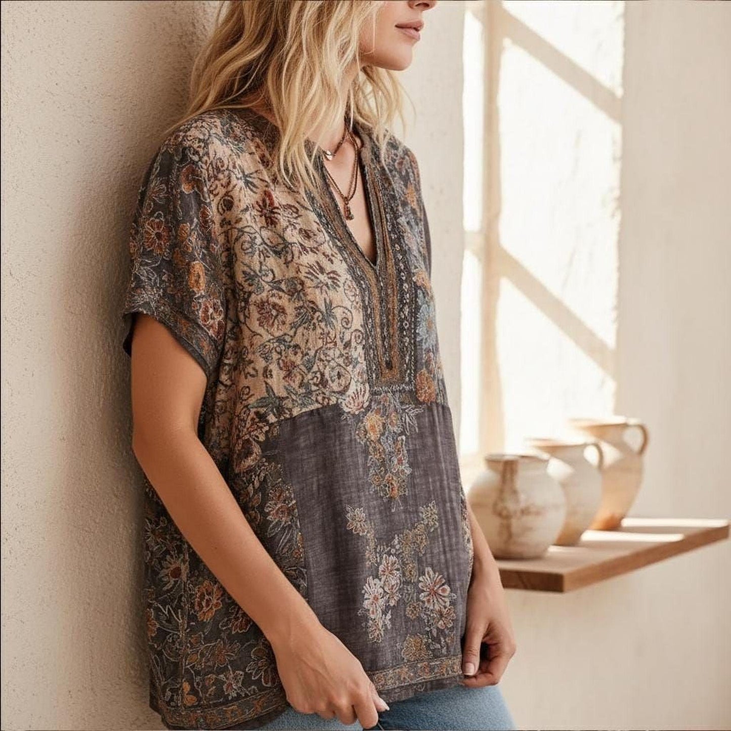 V Neck Boho Blouse: Artistic 3D Print (Plus Sizes S-5XL)