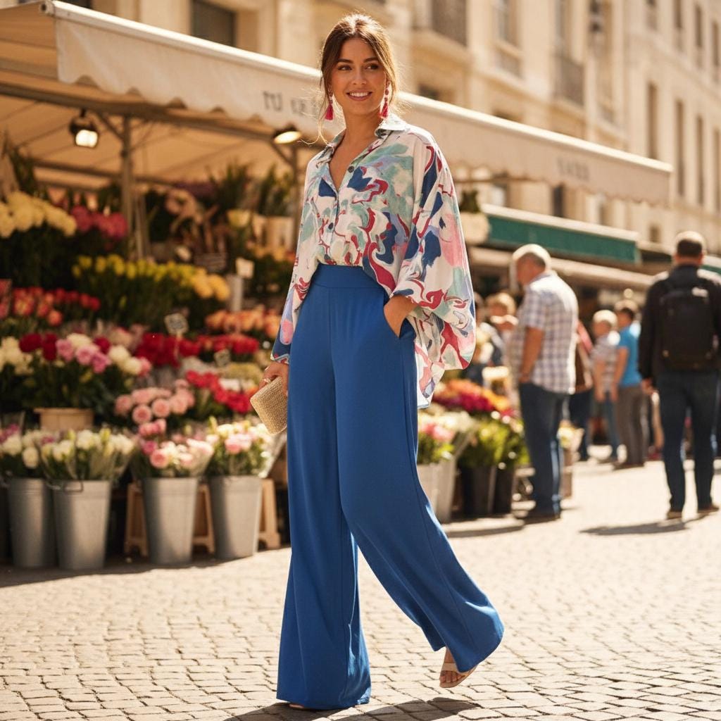 Fashionable Boho Floral Wide-Leg Pants Women Summer Palazzo Comfy Casual Trousers Elastic Waist