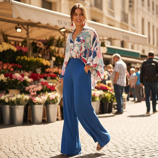 Fashionable Boho Floral Wide-Leg Pants Women Summer Palazzo Comfy Casual Trousers Elastic Waist