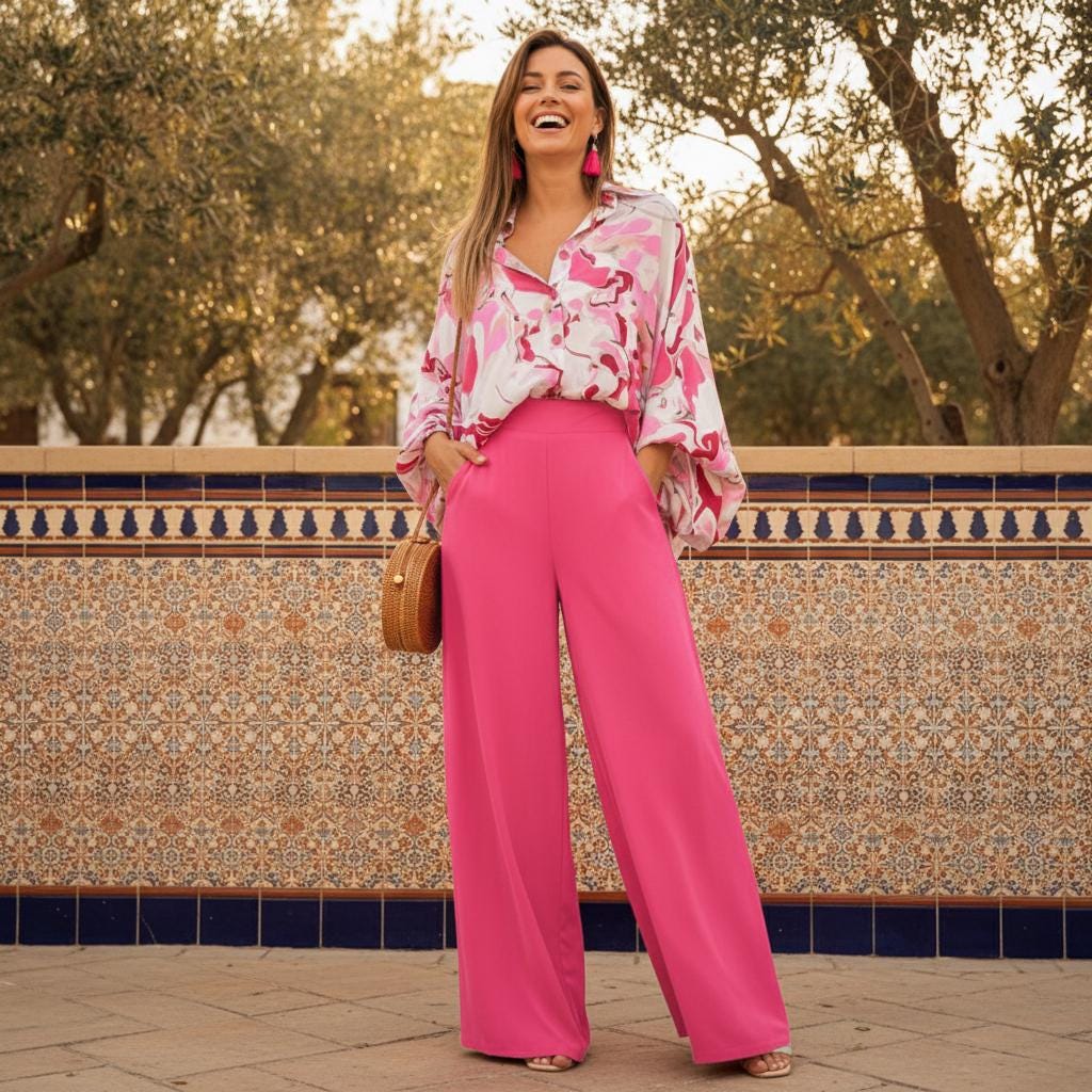 Fashionable Boho Floral Wide-Leg Pants Women Summer Palazzo Comfy Casual Trousers Elastic Waist
