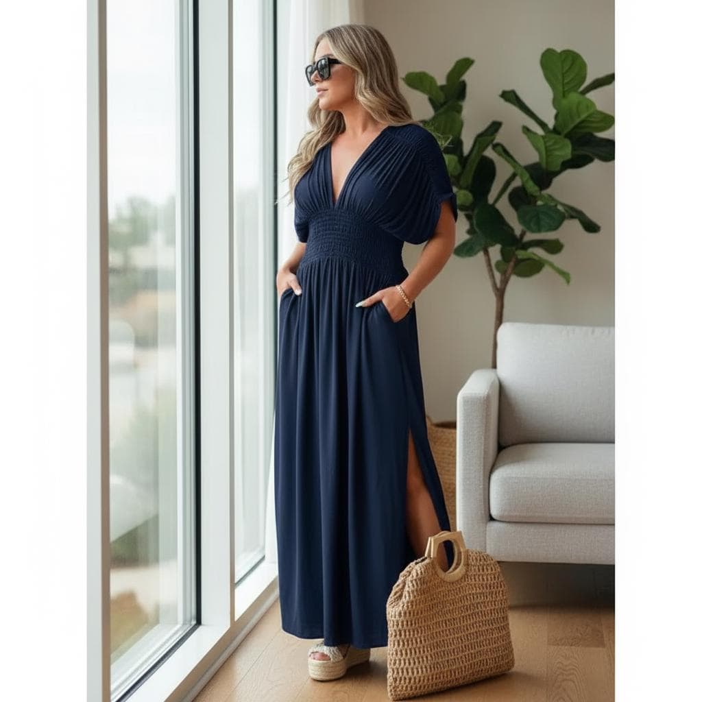 V-Neck Bat Sleeve Maxi Dress – Elastic Waist, Side Slit, Plus Size Summer Style