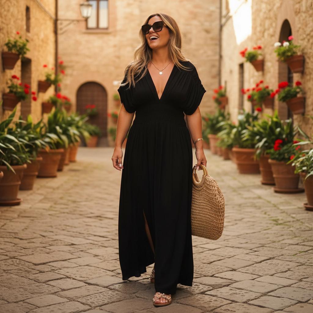 V-Neck Bat Sleeve Maxi Dress – Elastic Waist, Side Slit, Plus Size Summer Style
