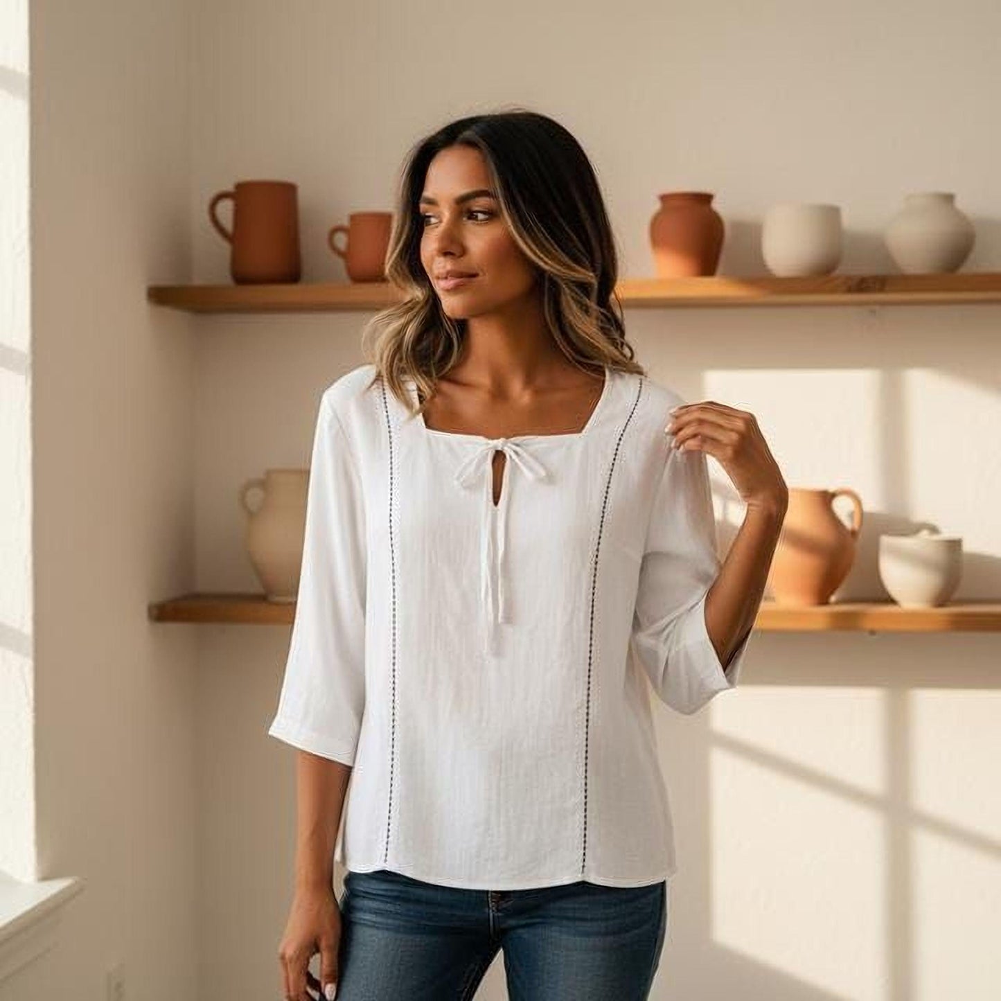 Printed Ramie Blouse, Lace-Up Square Neck, Loose Fit (S-5XL)