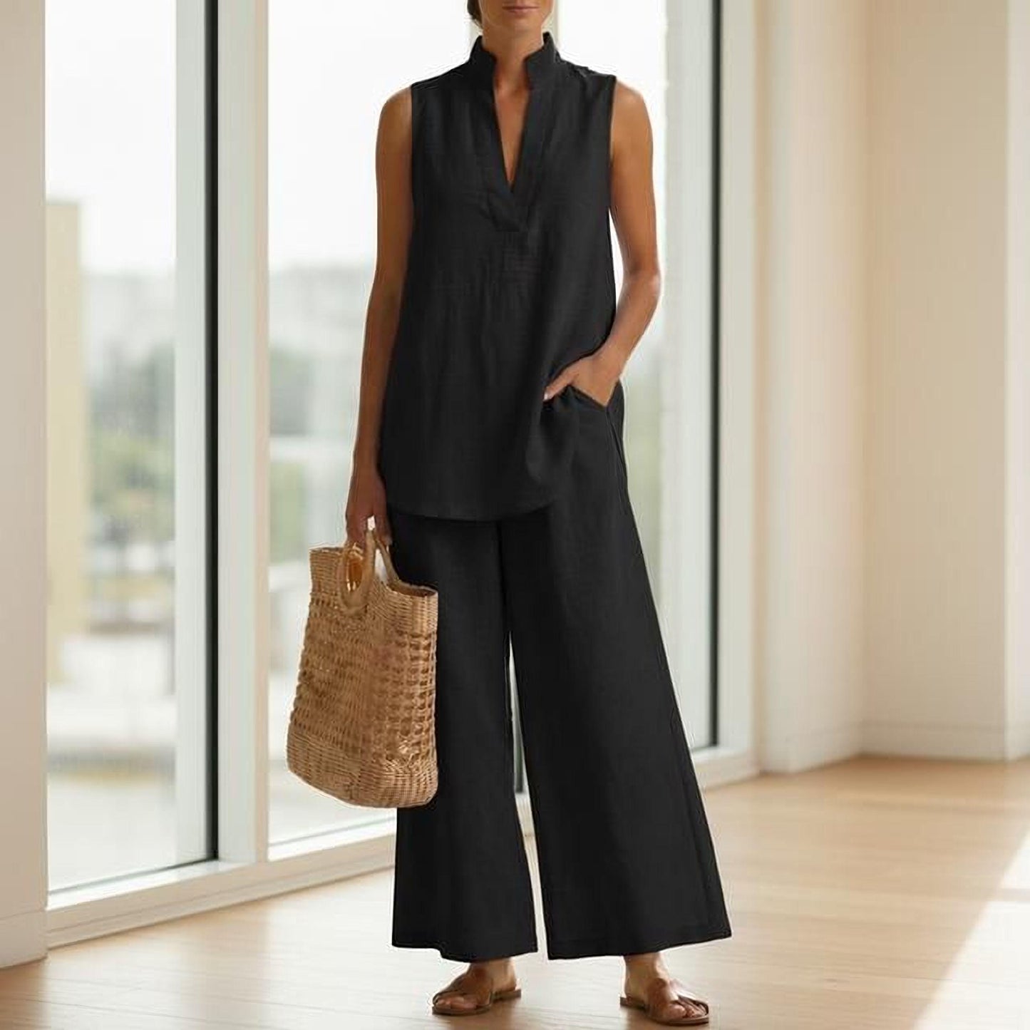 Summer Cotton Linen Set - Sleeveless V-Neck Top and Wide Leg Pants