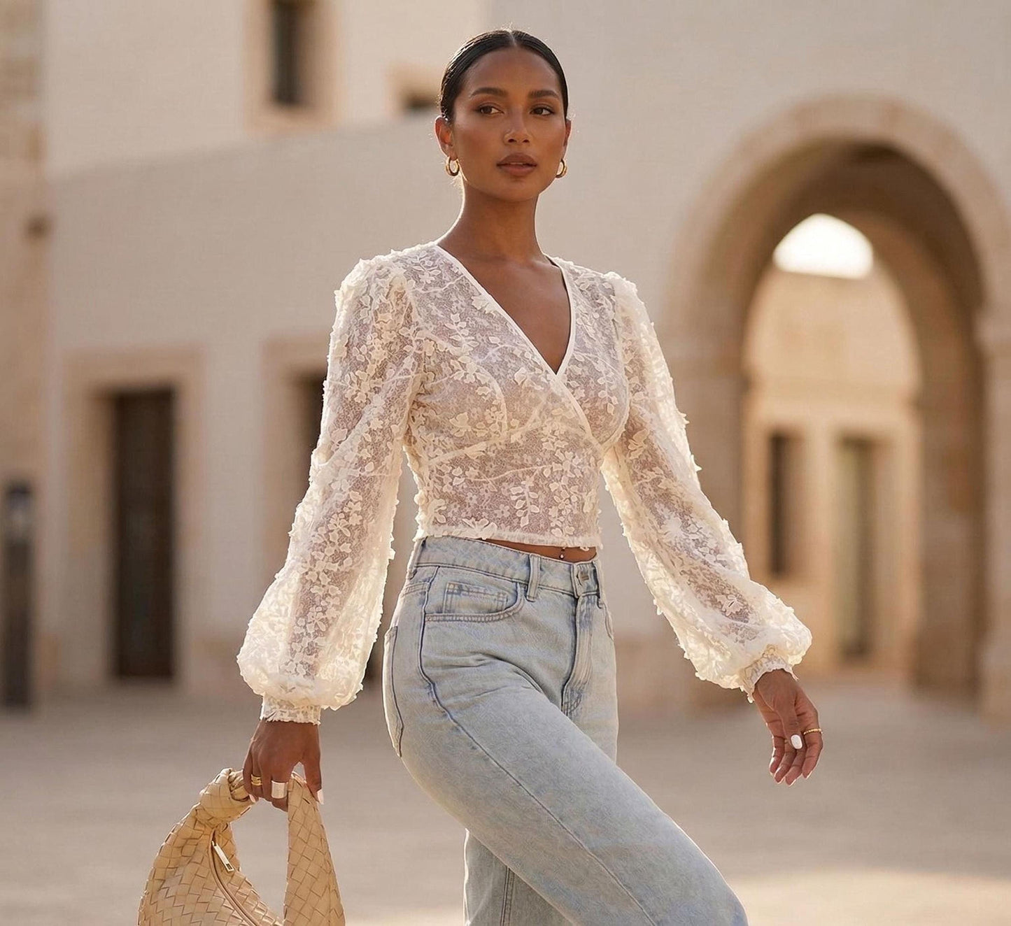 Sheer Floral Lace Wrap Blouse, Romantic Boho Crop Top, Feminine Summer Style
