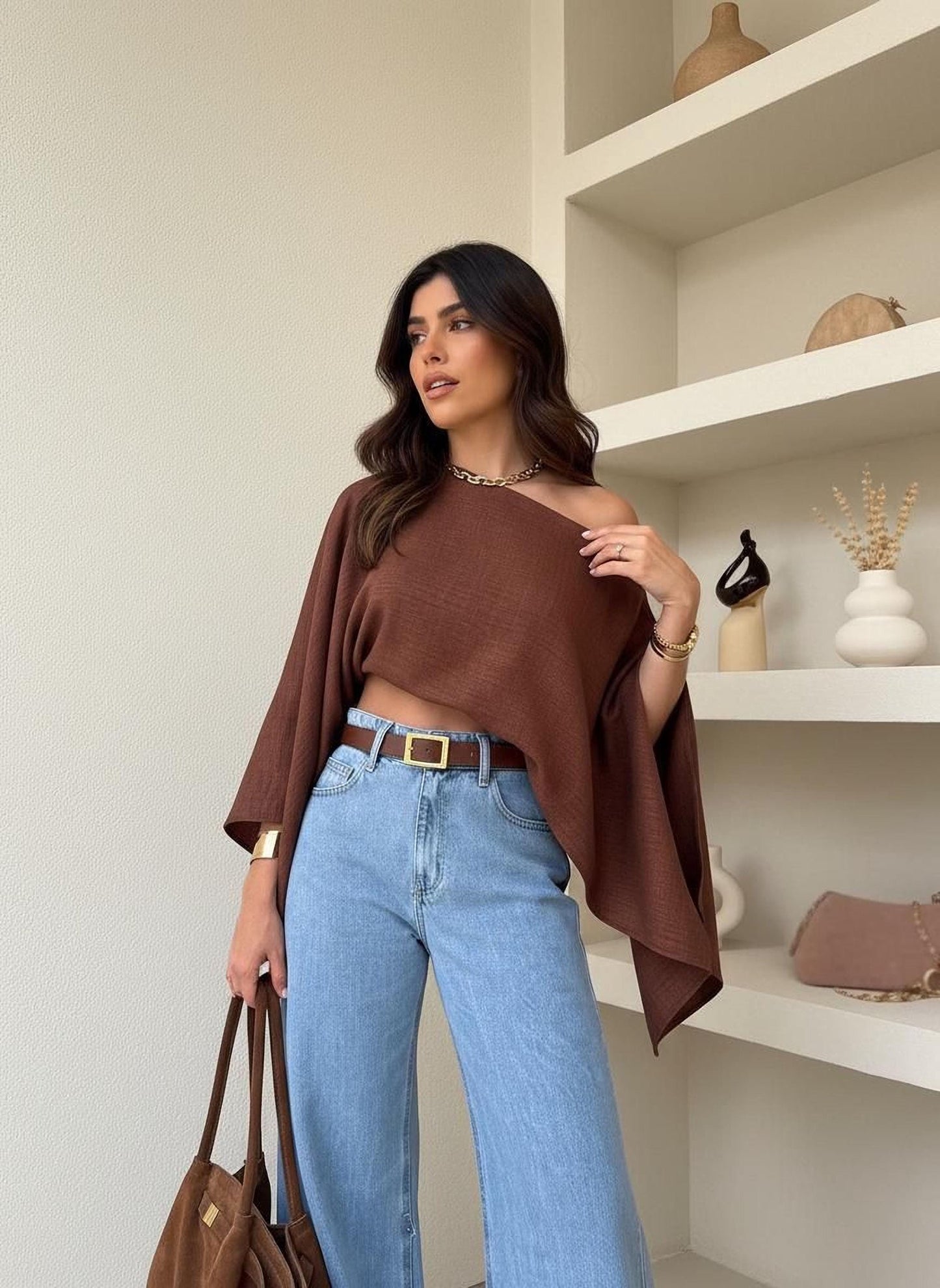 Brown Off Shoulder Crop Top: Loose Fit, Lightweight Summer Blouse