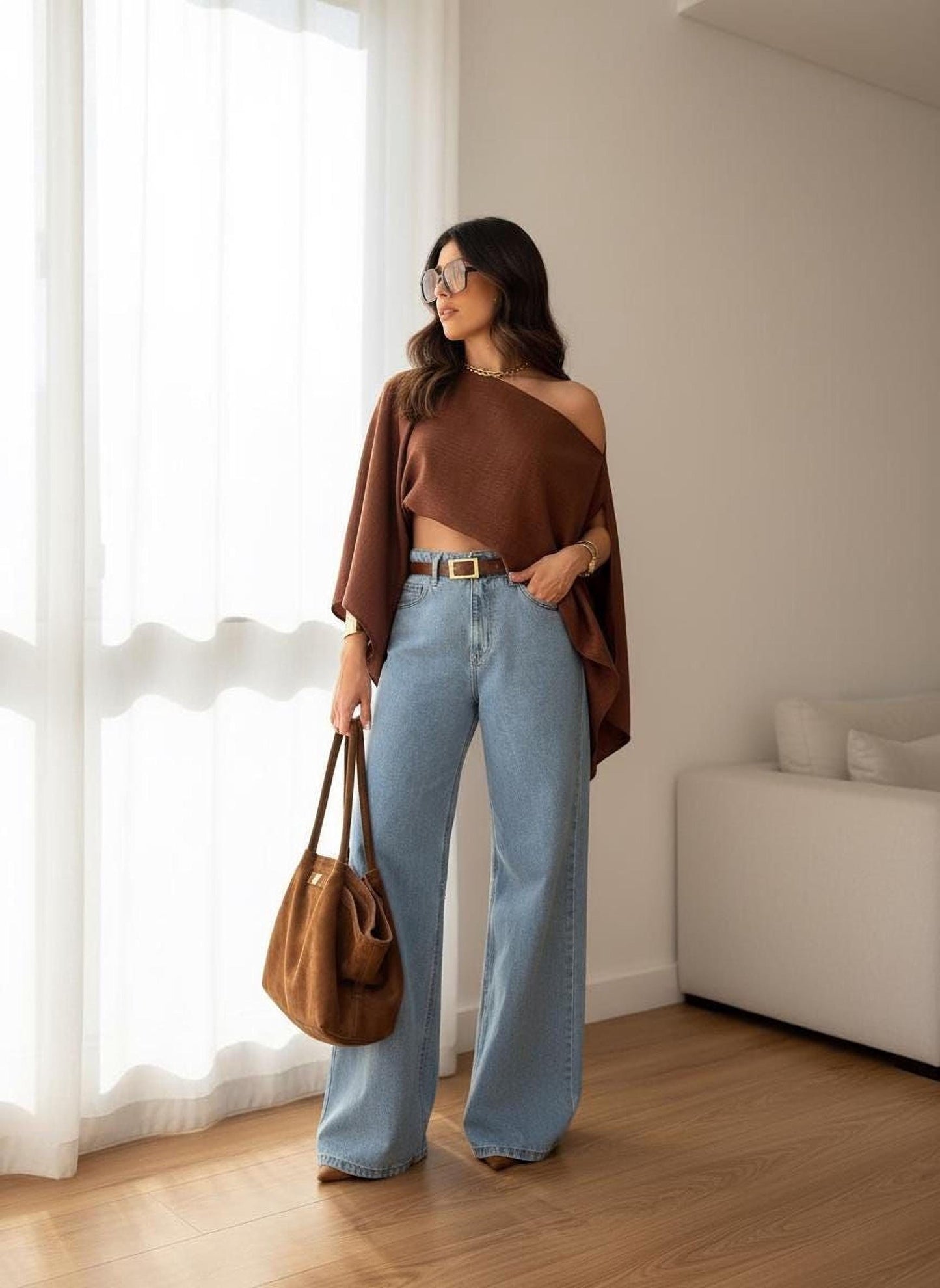 Brown Off Shoulder Crop Top: Loose Fit, Lightweight Summer Blouse