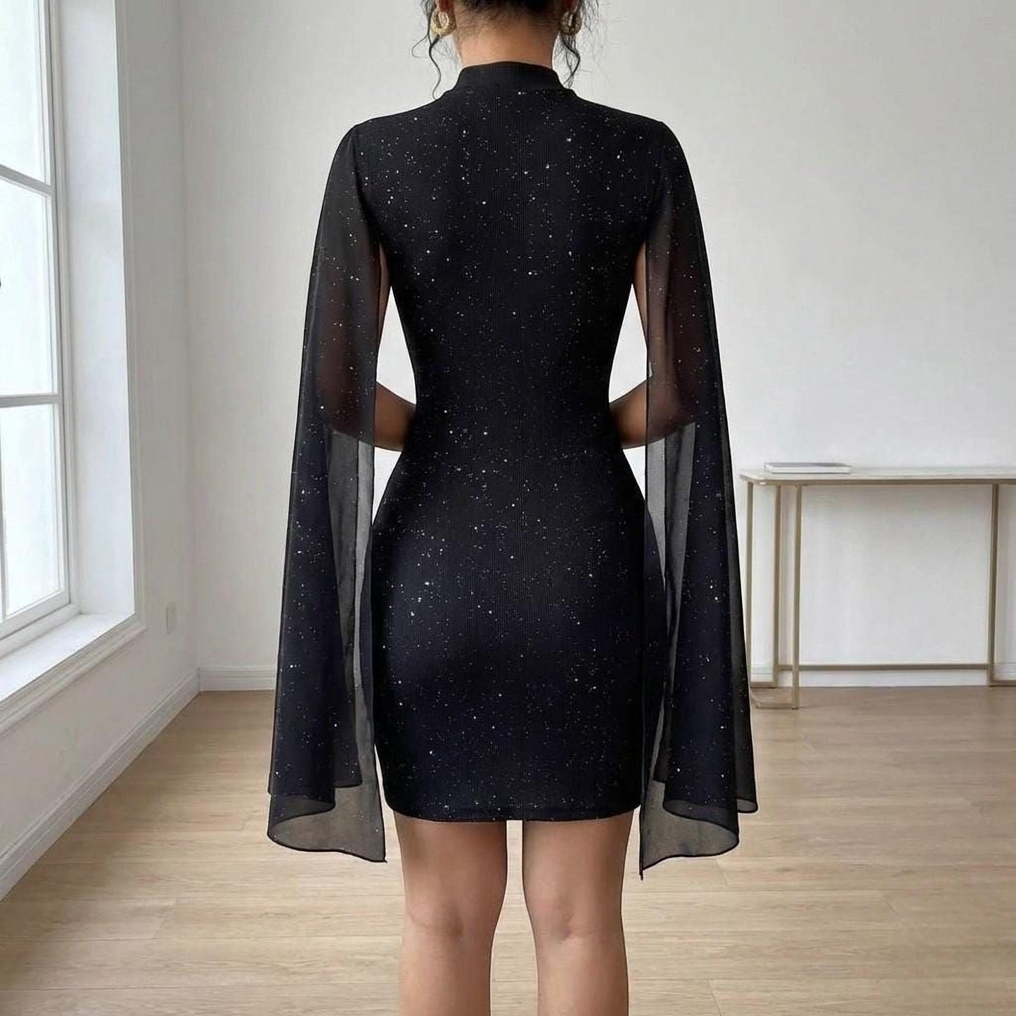 Cape Sleeve Mini Dress - Sparkly High Neck Bodycon for Evenings