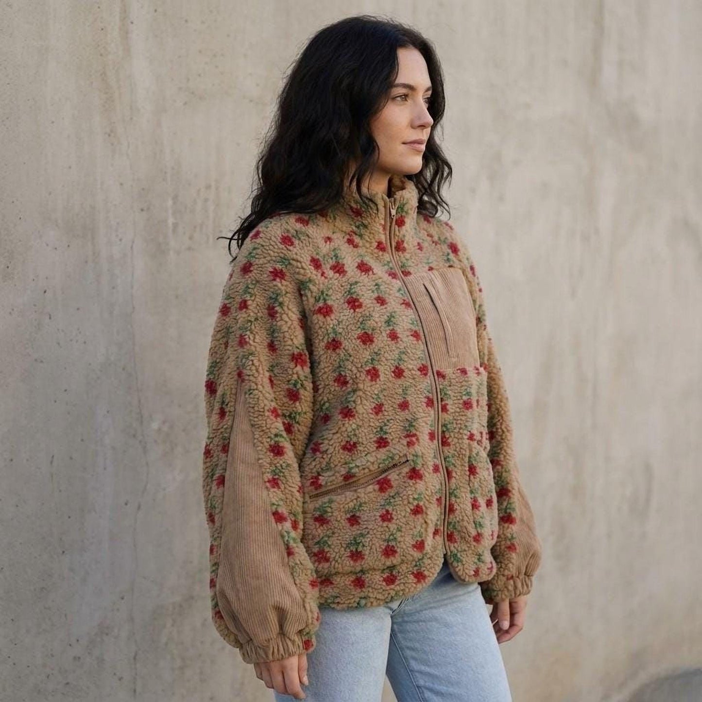 Fleece Jacket for Women: Strawberry Print - Soft Teddy Sherpa
