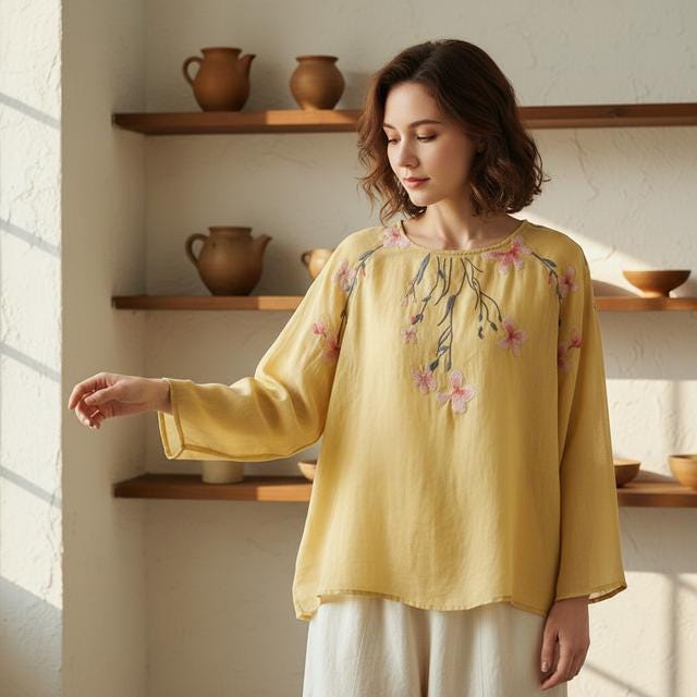 Floral Embroidered Cotton Shirt, Long Sleeve Sun Protection (Plus Sizes M-4XL)