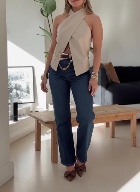Khaki Sleeveless Vest, Cross-Front Tank Top (XS-XL, Casual Fit)