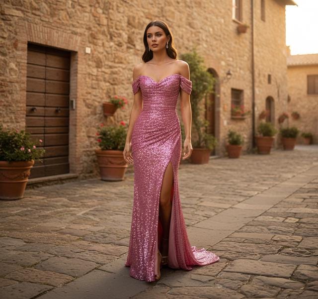 Evening Maxi Dress: Sequin Off-Shoulder - Thigh Split Detail
