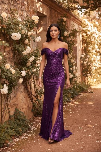 Evening Maxi Dress: Sequin Off-Shoulder - Thigh Split Detail
