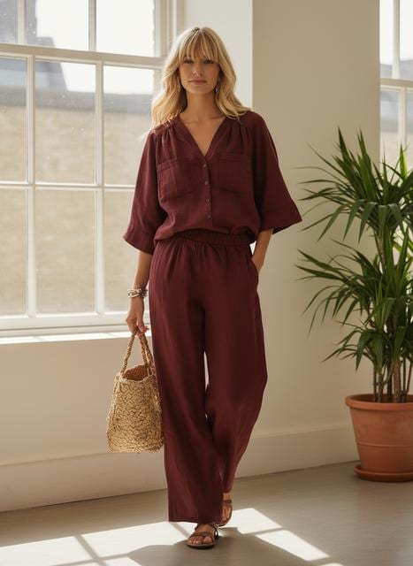 Casual Linen Two-Piece Set - Relaxed Fit Button-Up and Pants