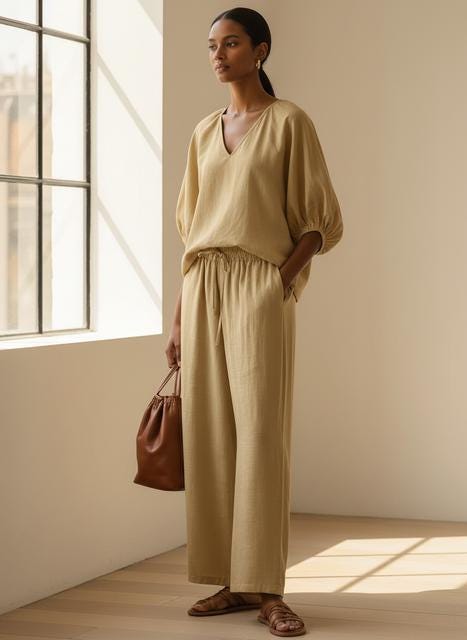 Two-Piece Summer Outfit: V-Neck Top & Wide Leg Pants (S to 3XL)
