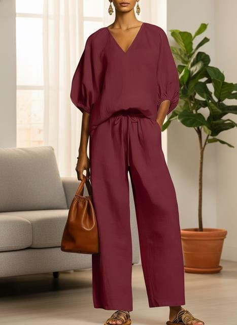 Two-Piece Summer Outfit: V-Neck Top & Wide Leg Pants (S to 3XL)