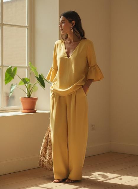 Summer Two-Piece Outfit: Casual Cotton Linen (Ruffle Sleeve, Wide Pants)