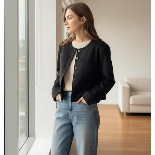 Slimming Faux Suede Jacket: Retro Style in Black or Brown